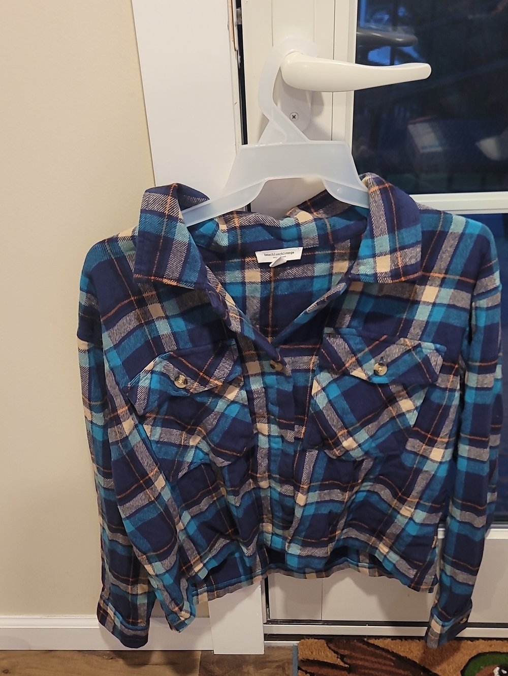 beachlunchlounge Teal Navy Cream Plaid Button-Up Flannel